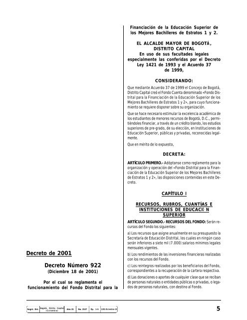 Decreto 922 de 2001 - Secretaría de Educación de Bogotá