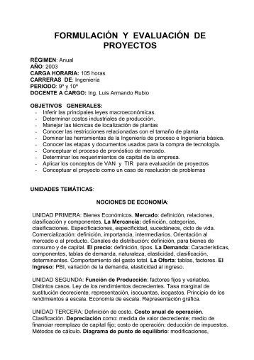 formulación y evaluación de proyectos - Facultad de Ciencias ...