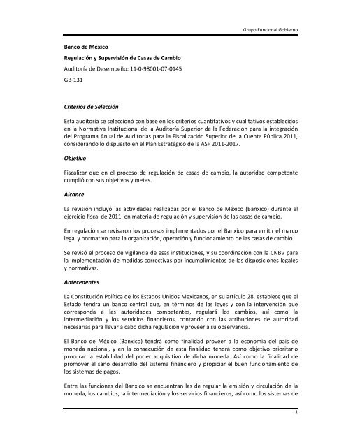 Regulación y Supervisión de Casas de Cambio - Auditoría Superior ...