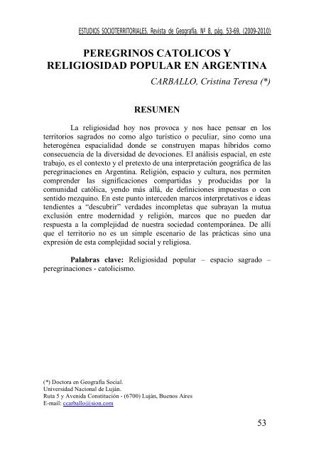 Peregrinos católicos y religiosidad popular en Argentina - Centro de ...