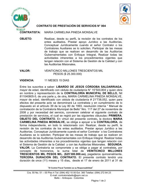 contrato numero 082 de 2004 - Contraloría del Municipio de Bello