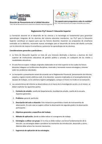 Reglamento FCyT Anexo 9 Educación Superior - Mendoza Educa
