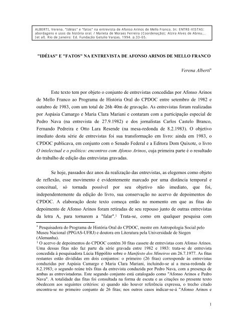 Verena Alberti* Este texto tem por objeto o conjunto de entrevistas ...