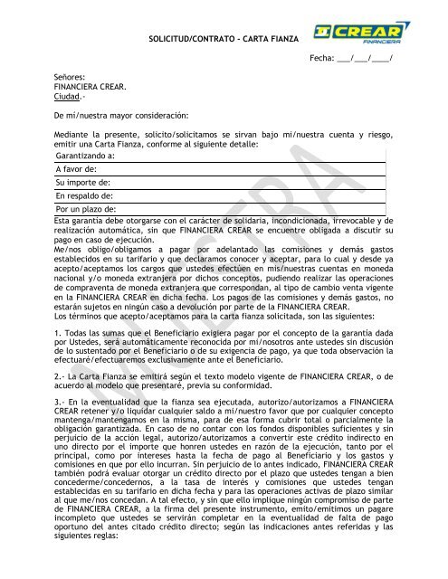 Solicitud Contrato Carta Fianza Muestra Financiera Crear