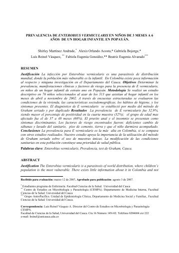 Prevalencia de enterobius vermicularis en niños de 3 meses a 6 ...