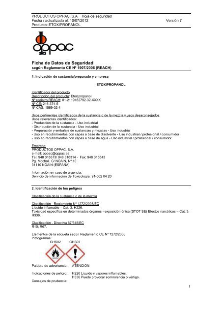 Ficha de Datos de Seguridad - Productos Quimicos OPPAC