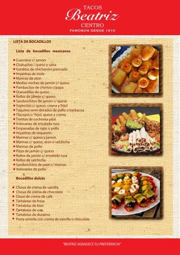 Lista de bocadillos mexicanos Cuernitos c/ jamón ... - Tacos Beatriz