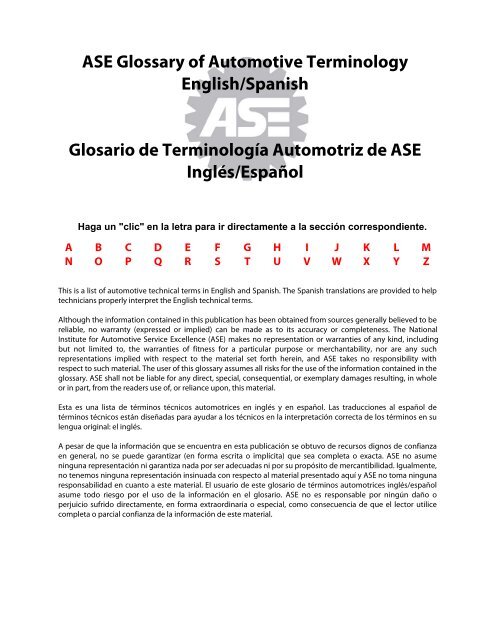 ASE Glossary of Automotive Terminology English/Spanish Glosario ...