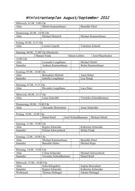 Ministrantenplan August/September 2012