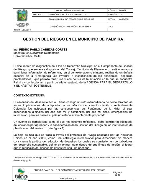 GESTIÓN DEL RIESGO EN EL MUNICIPIO DE ... - Palmira AVANZA