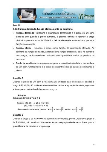 Aula 09 1.4.3 Função demanda, função oferta e ... - Arquivos UNAMA