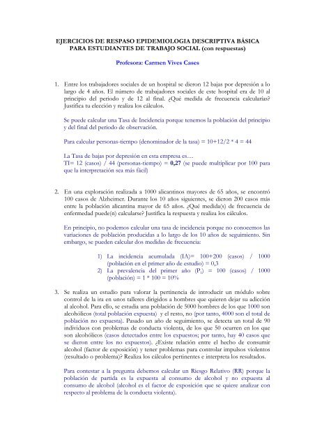 Ejercicios repaso epidemiologia en Trabajo social (respuestas). - RUA