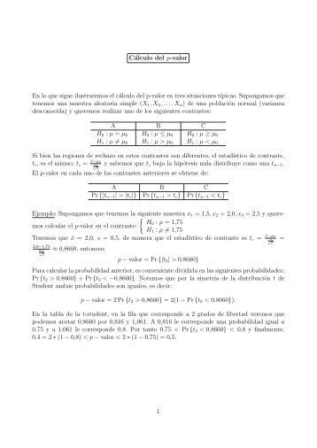 Cálculo del p-valor En lo que sigue ilustraremos el cálculo del p ...