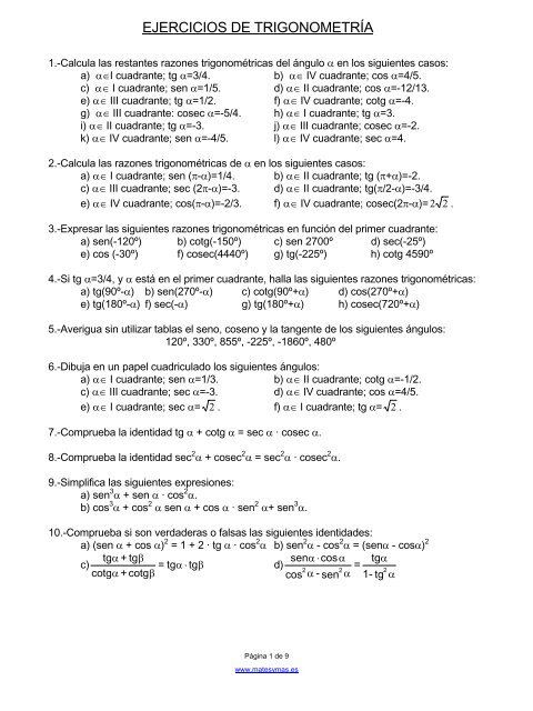 Ejercicios De Trigonometria Matesap