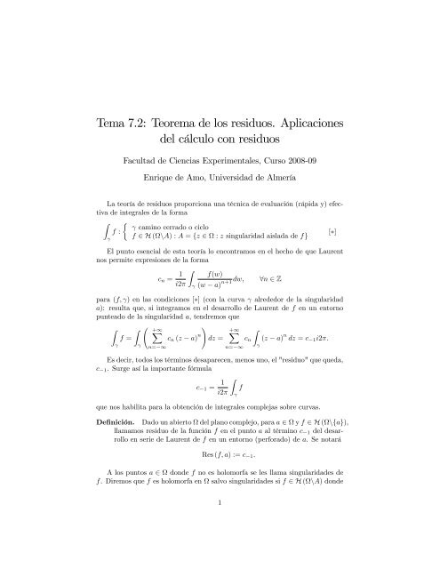 Teorema de los residuos. Aplicaciones del - Universidad de Almería