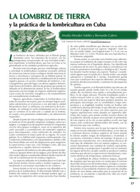 La lombriz de tierra y la práctica de la lombricultura en Cuba.