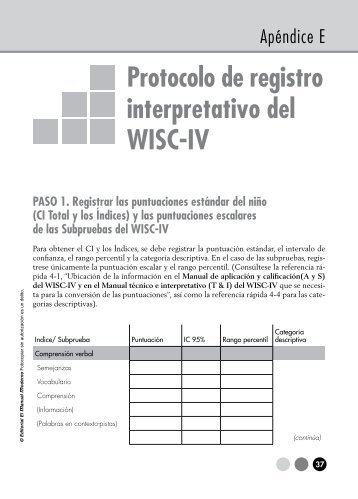 Protocolo de registro interpretativo del WISC-IV - Manual Moderno