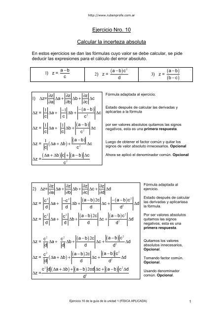 Ejercicio Nro. 10 Calcular la incerteza absoluta
