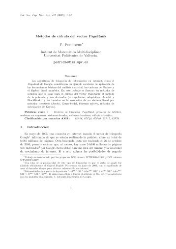 Métodos de cálculo del vector PageRank F. Pedroche Institut de ...