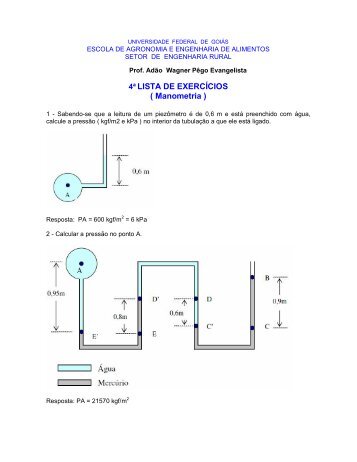 4ª LISTA DE EXERCÍCIOS ( Manometria )