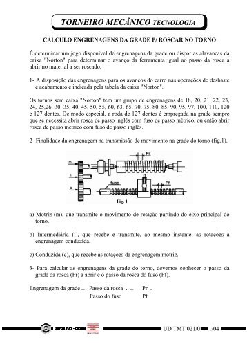 cálculo de engrenagens da grade para roscar no torno - Edison