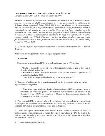 INDEMNIZACIÓN SUSTITUTIVA, FORMA DE CÁLCULO Concepto ...