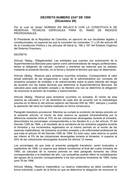 DECRETO NUMERO 2347 DE 1995 - Fasecolda