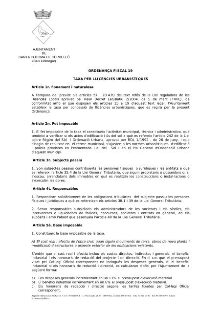 Ordenança Fiscal núm. 19 Taxa per llicències urbanístiques.