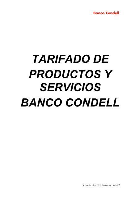 tarifado de productos y servicios banco condell - Corpbanca