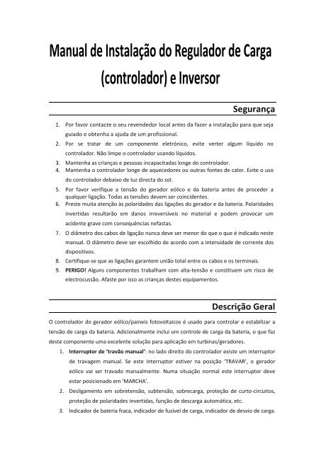 Manual Instalação Controlador/Inverter