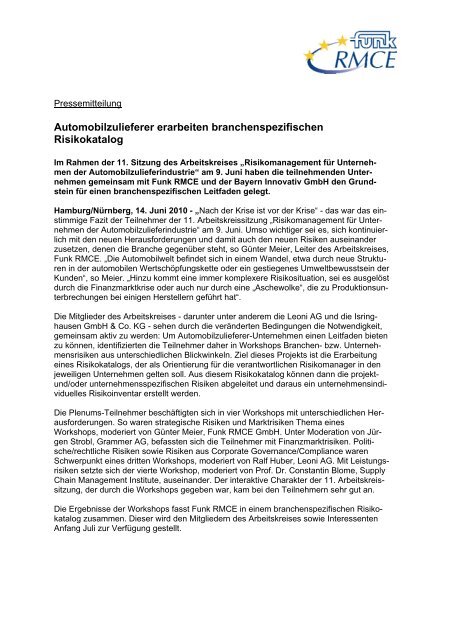 Automobilzulieferer erarbeiten branchenspezifischen Risikokatalog