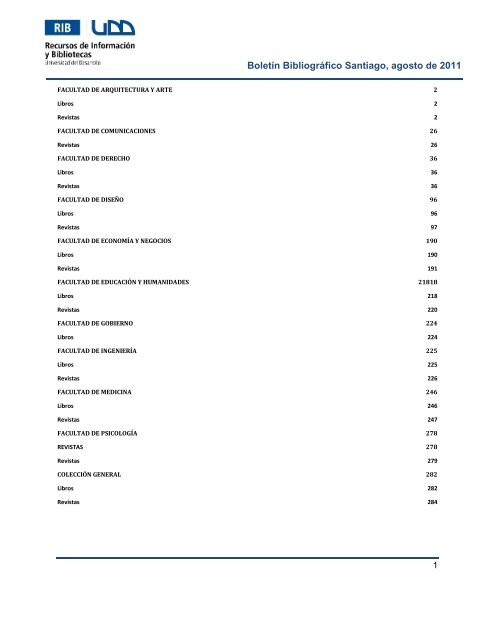 Boletín Bibliográfico Santiago, agosto de 2011 - Biblioteca UDD