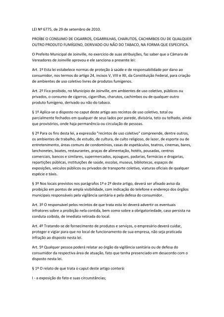 LEI Nº 6775, de 29 de setembro de 2010. PROÍBE O CONSUMO DE ...