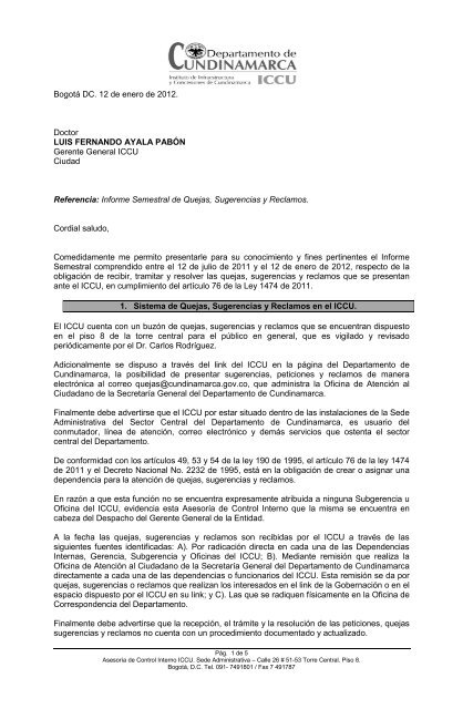 Informe Semestral de Peticiones, Quejas y Reclamos-Enero 2012.