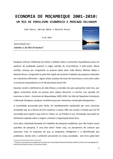 economia de moçambique 2001-2010 - Instituto de Estudos Sociais ...