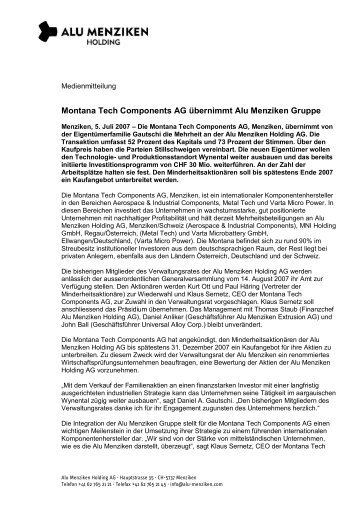 Montana Tech Components AG übernimmt Alu Menziken Gruppe