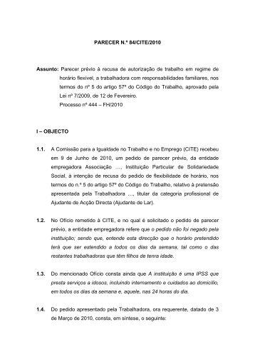 PARECER N.º 84/CITE/2010 Assunto: Parecer prévio à recusa de ...