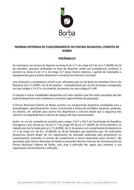 Normas Internas de Funcionamento da Piscina Municipal Coberta