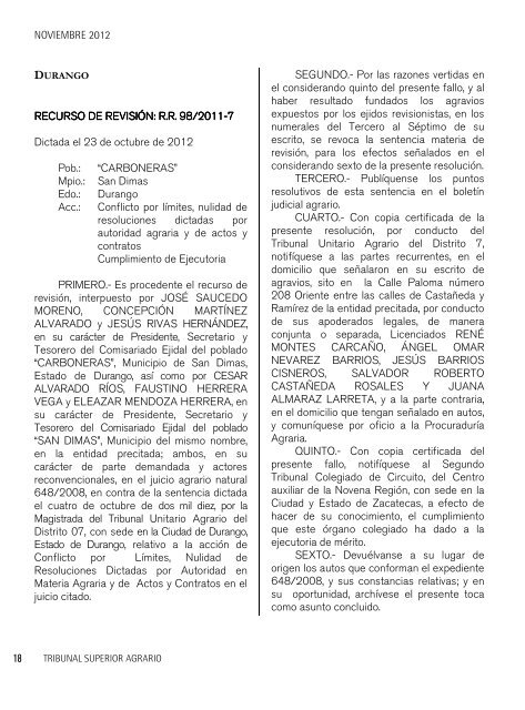 Boletín Judicial Agrario - Tribunal Superior Agrario