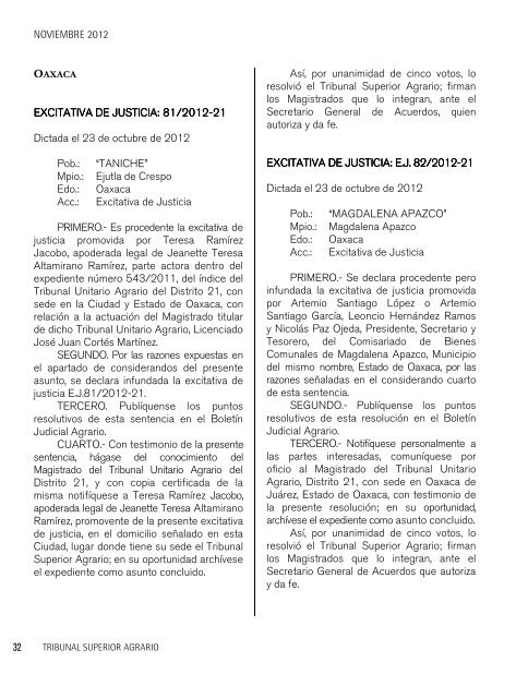 Boletín Judicial Agrario - Tribunal Superior Agrario