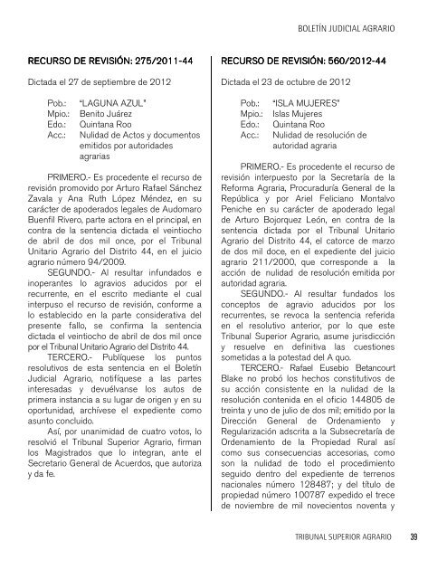 Boletín Judicial Agrario - Tribunal Superior Agrario