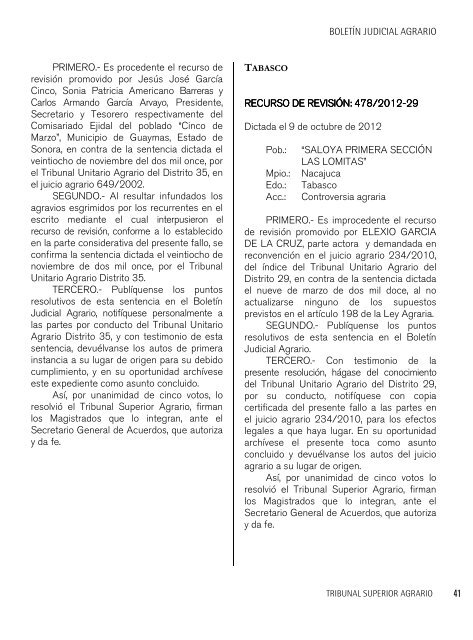 Boletín Judicial Agrario - Tribunal Superior Agrario