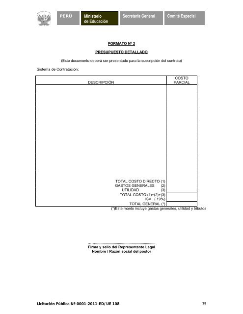 licitación pública nº 0001-2011-ed/ue 108 - Ministerio de Educación