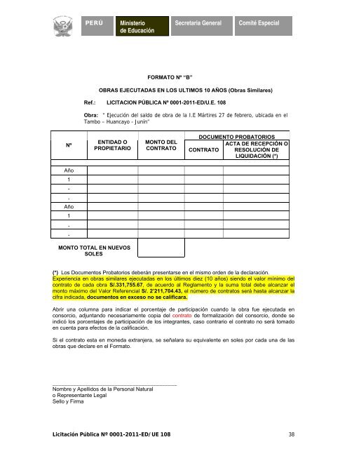 licitación pública nº 0001-2011-ed/ue 108 - Ministerio de Educación