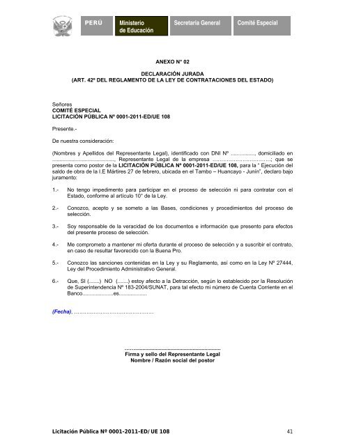 licitación pública nº 0001-2011-ed/ue 108 - Ministerio de Educación