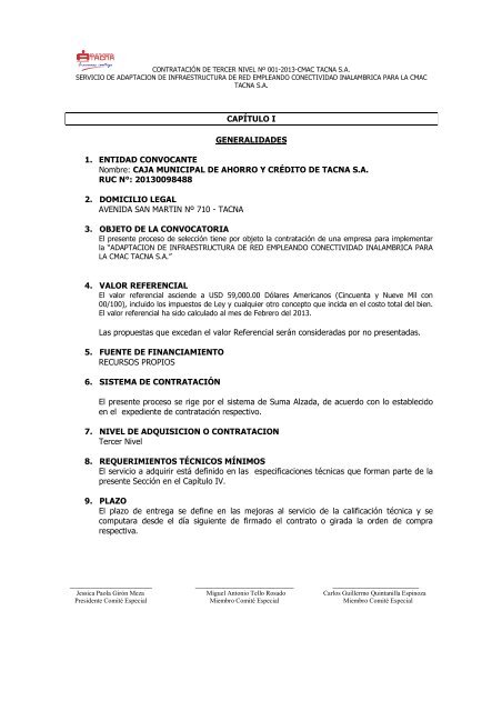 bases administrativas - Caja Municipal de Ahorro y Crédito Tacna