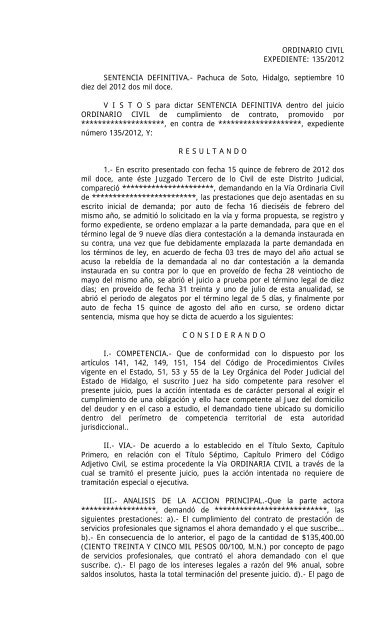 ORDINARIO CIVIL EXPEDIENTE: 135/2012 SENTENCIA DEFINITIVA.