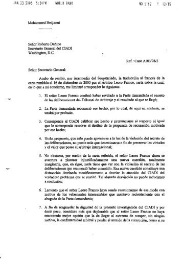 Carta del Juez M. Bedjaoui al Secretario General del CIADI