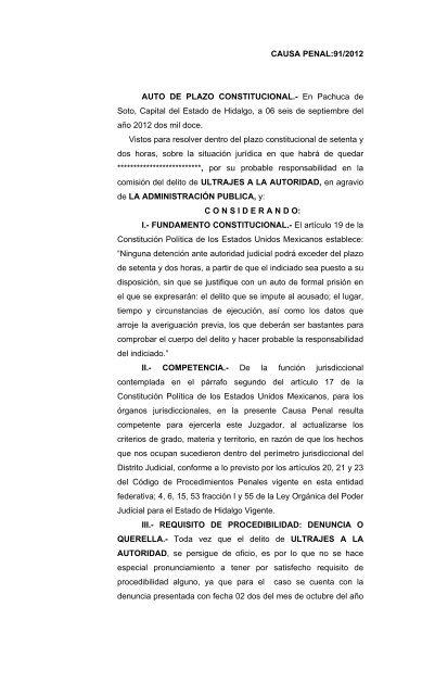 CAUSA PENAL:91/2012 AUTO DE PLAZO CONSTITUCIONAL.- En ...