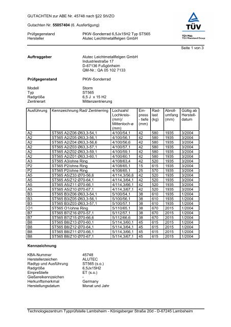 GUTACHTEN zur ABE Nr. 45748 nach §22 Stvzo ... - Alutec